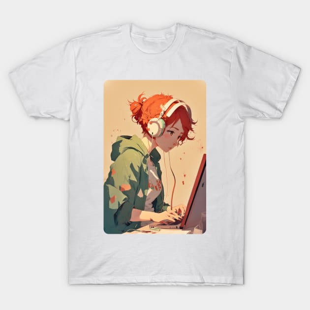 Redhead Anime Programming Girl T-Shirt by SMCLN